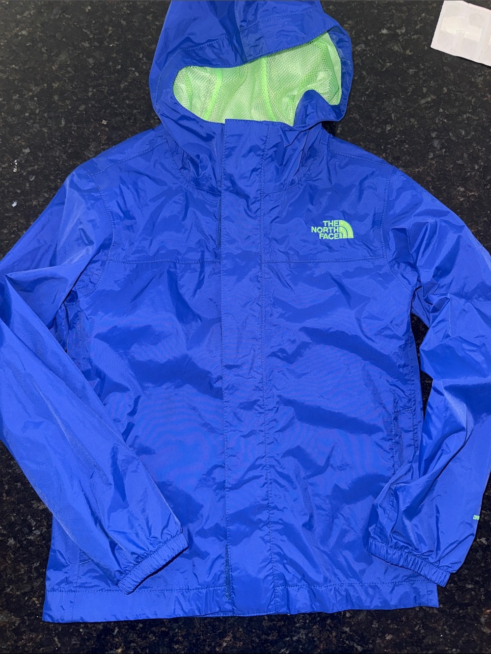 The North Face Bright Blue Hooded Raincoat with Lime Lining